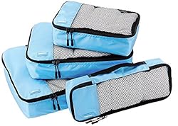 Set of blue packing cubes with mesh tops.