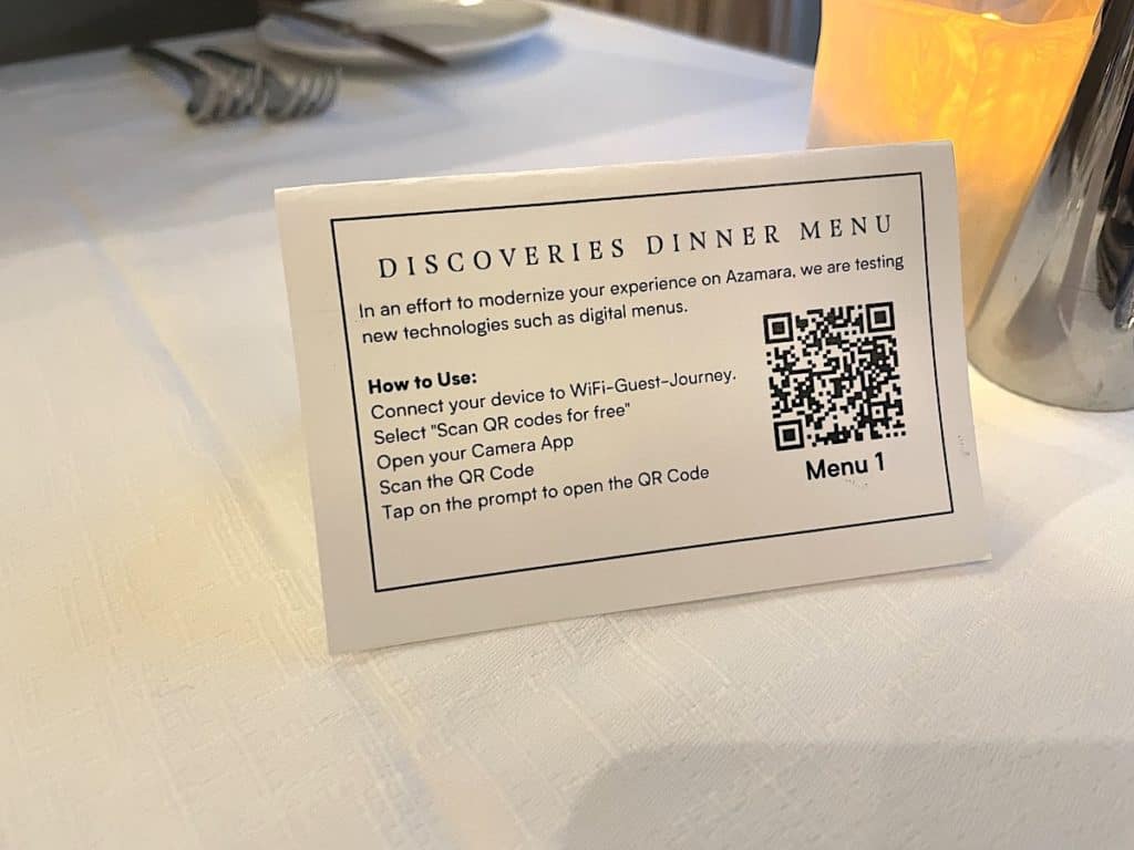 Azamara Journey dining QR code card