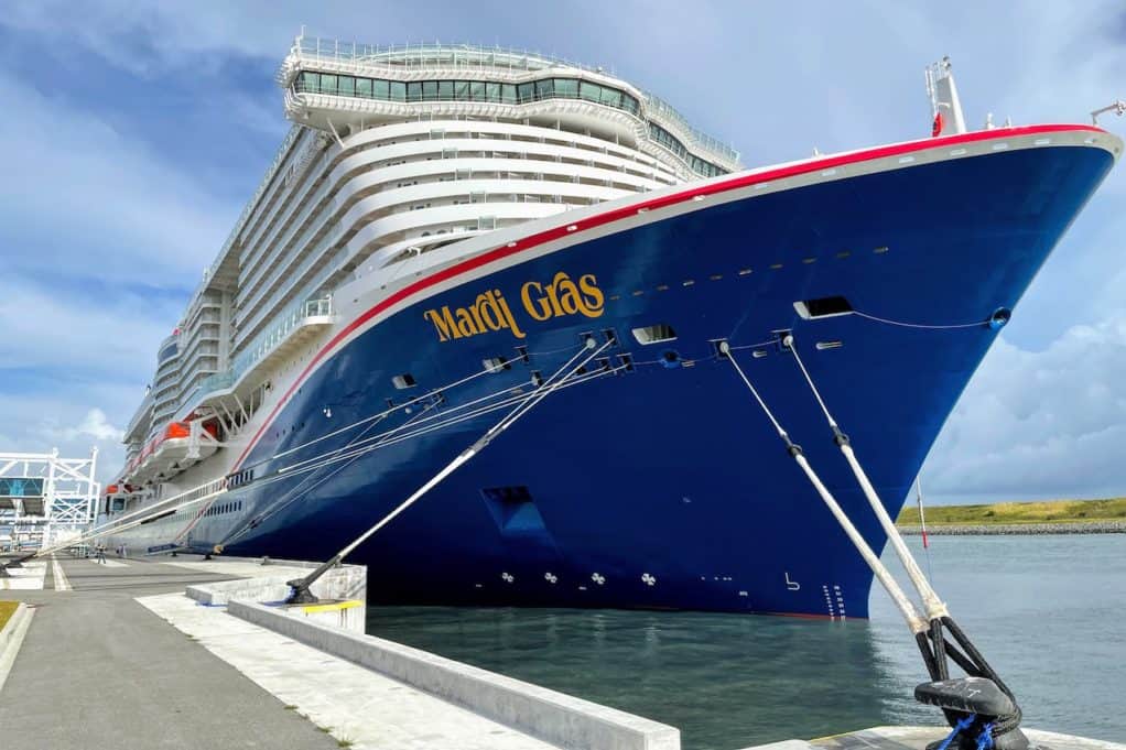 Carnival Mardi Gras bow docked at Port Canaveral.