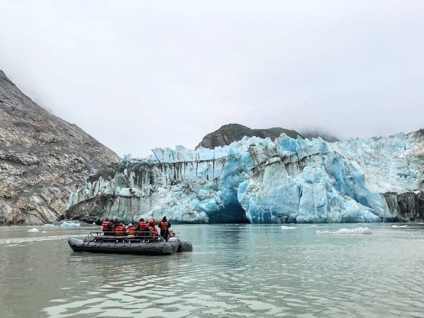 Our Chichagof Dream zodiac gets up-close to a glacier.