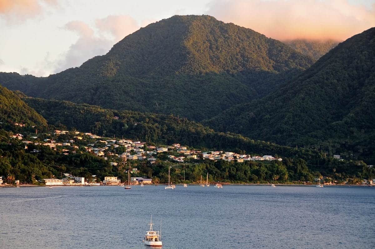 Port of Roseau at sunset on a cruise to Dominica.