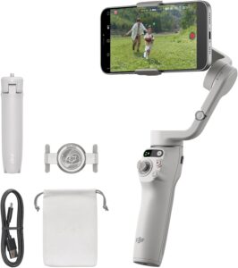 DJI Os 6 smartphone gimbal showing an Iphone attached to it.