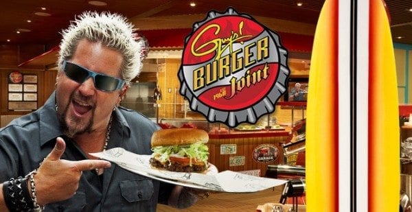 Guy Fieri's signature burger bar. Yes, you can get one without meat, too. Don't forget the fries!