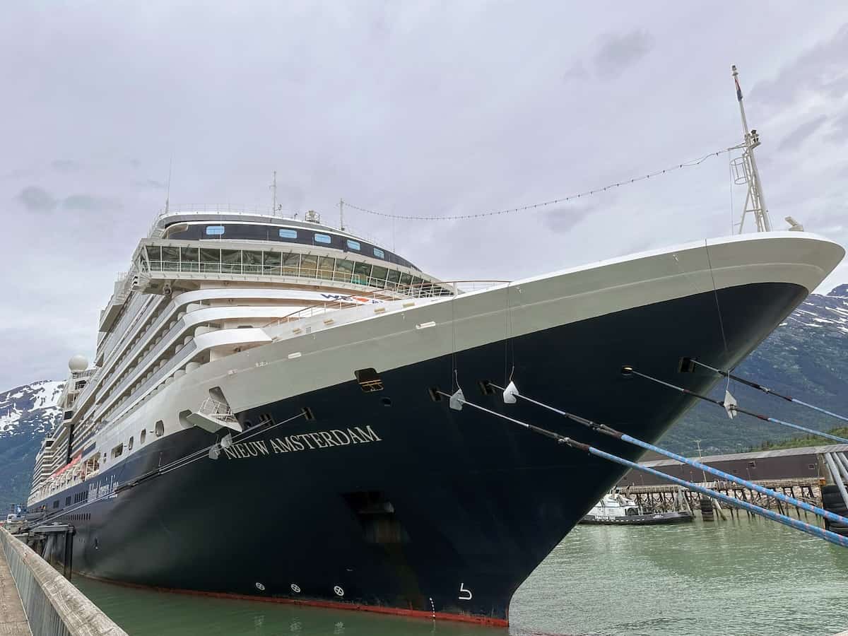 Bow of Holland America's Nieuw Amsterdam ship docked in Alaska.