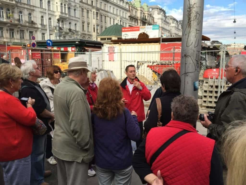 Chef du Cuisine Marius talking to us about the history of Vienna's Naschmarkt. 