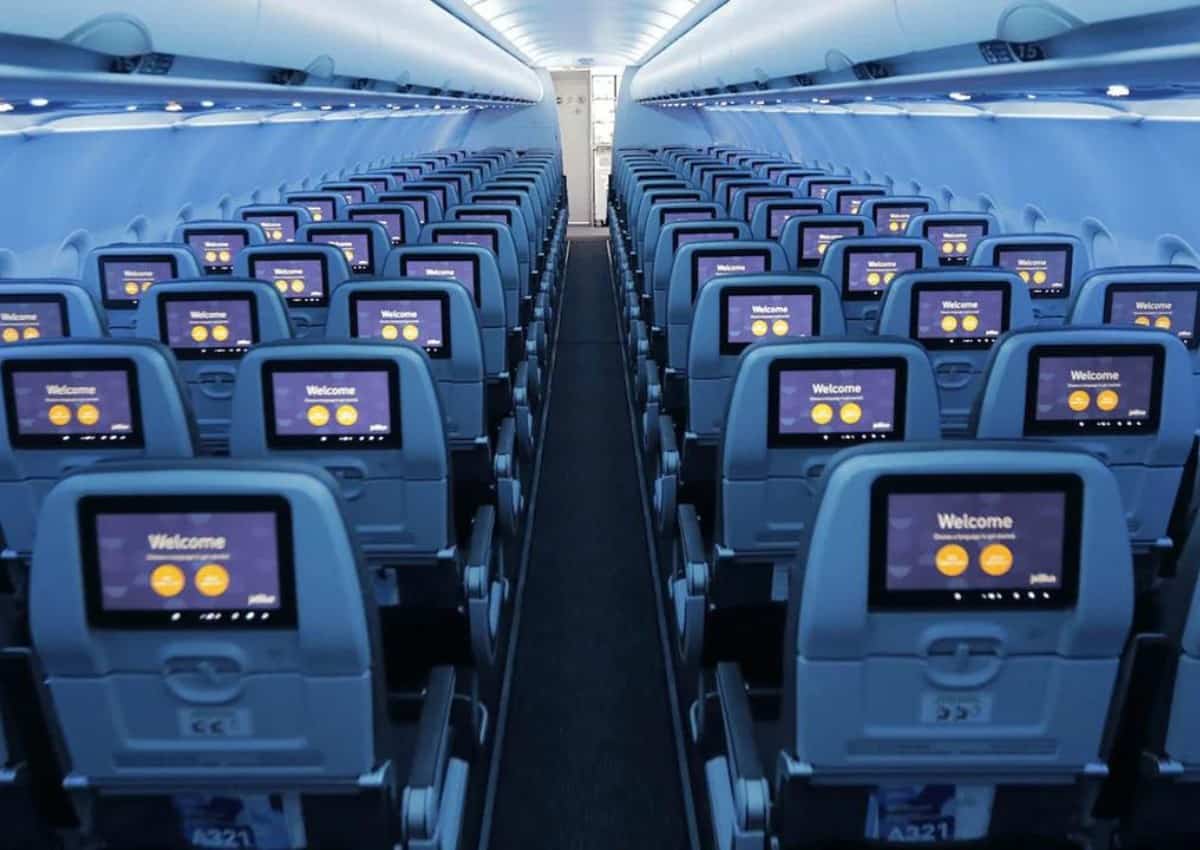 Interior of the new JetBlue updated cabin and JetBlue inflight entertainment.