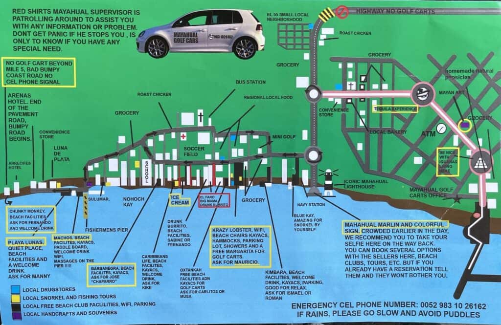 Illustrated map showing highlights of Costa Maya and Mahahual area.