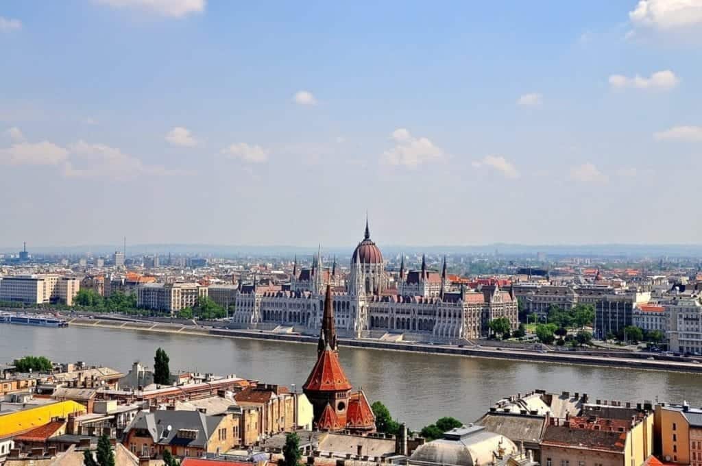 View of the Parliament Building in Budapest, from the Pest side of the Danube river. 