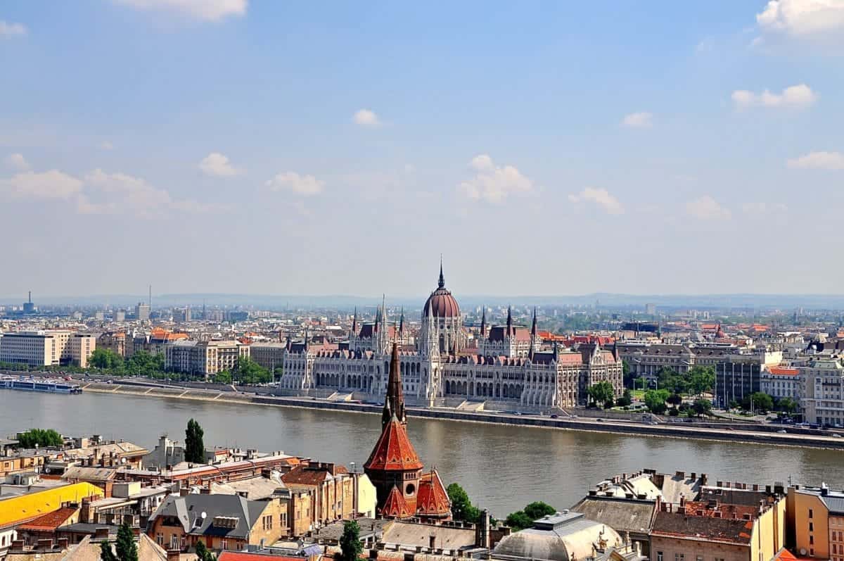 View of the sprawling Budapest Parliment Building from across the Danube on the Pest side.