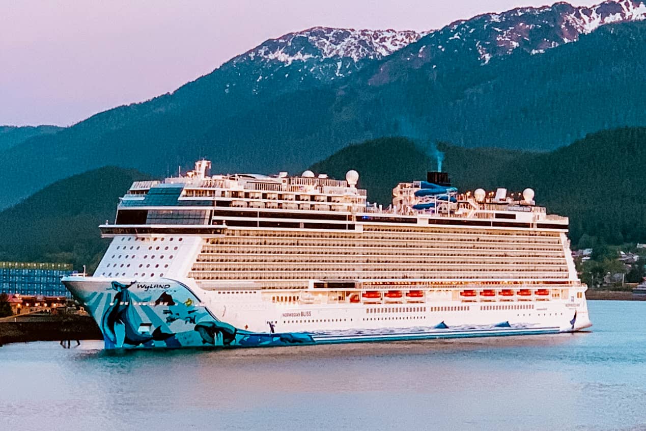 Norwegian Bliss in Juneau Alaska at sunset