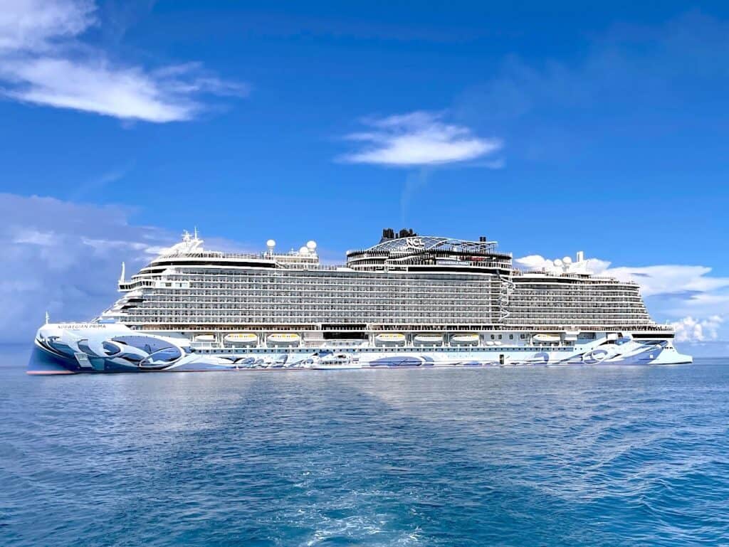 Norwegian Prima anchored off Great Stirrup Cay.