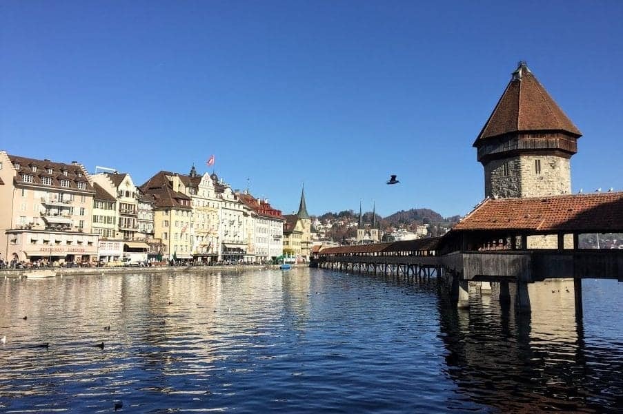 Old Chapel Bridge across the river in Lucerne, Switzerland.