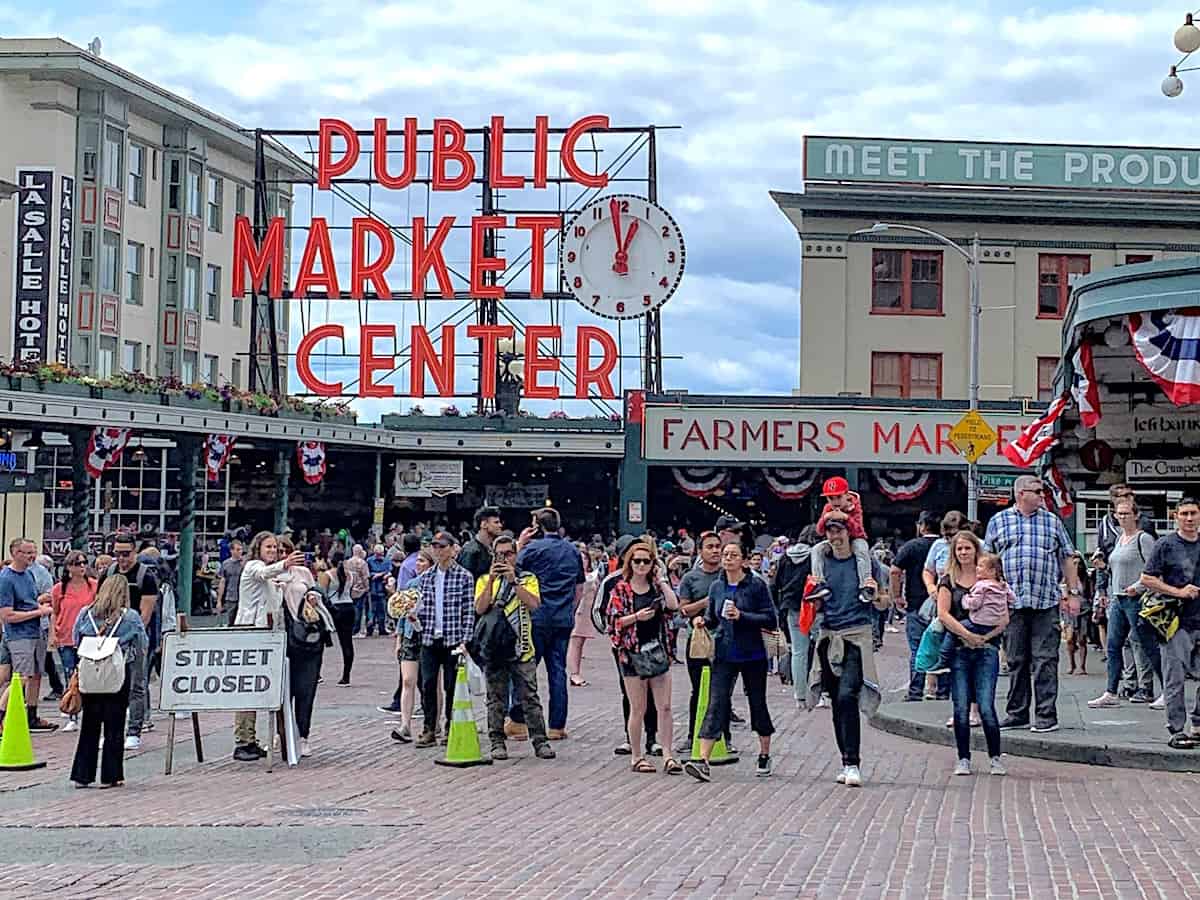 Seattle's Pike Place Market crowded with tourists.