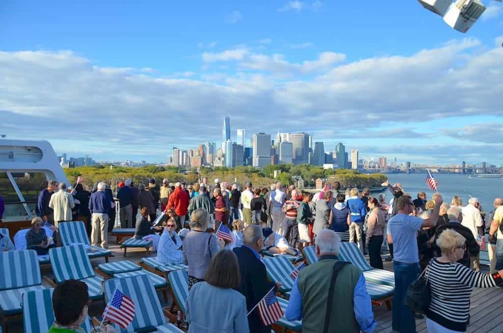 Queen Mary 2 sailaway party on deck when leaving from NYC.