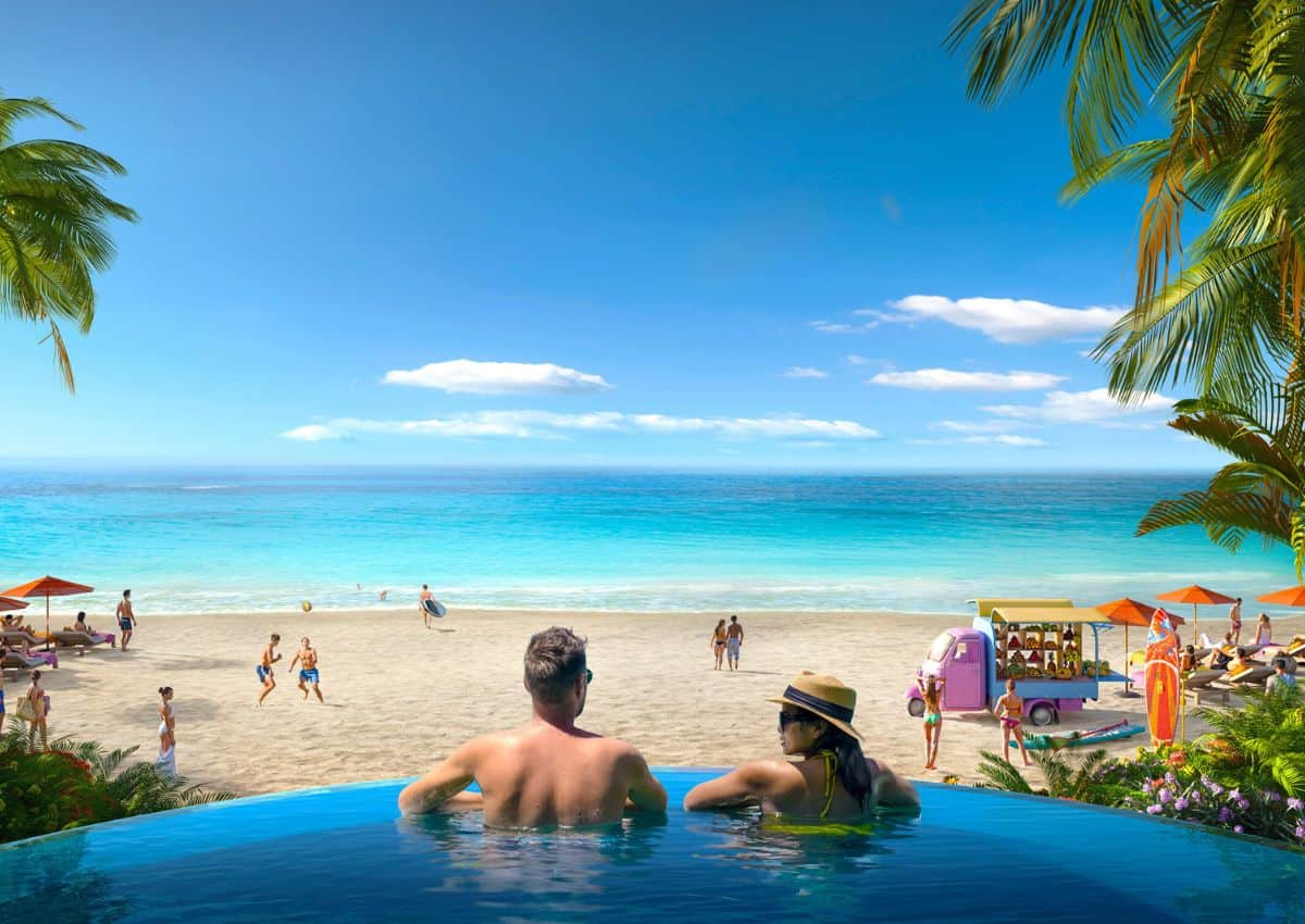 Beachfront Pool Rendering With People In It.