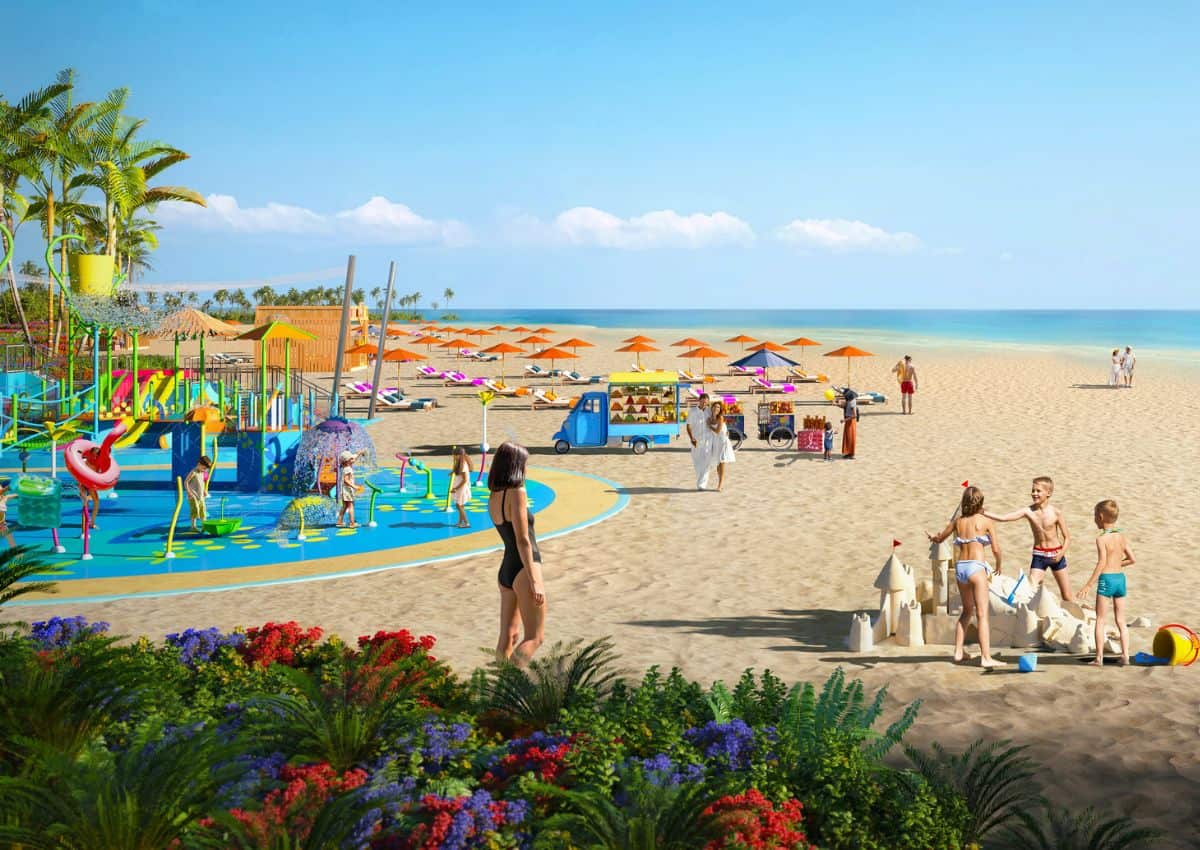 Rendering of The All New Royal Beach Club Cozumel With Beach Umbrellas and Waterpark on The Beach.