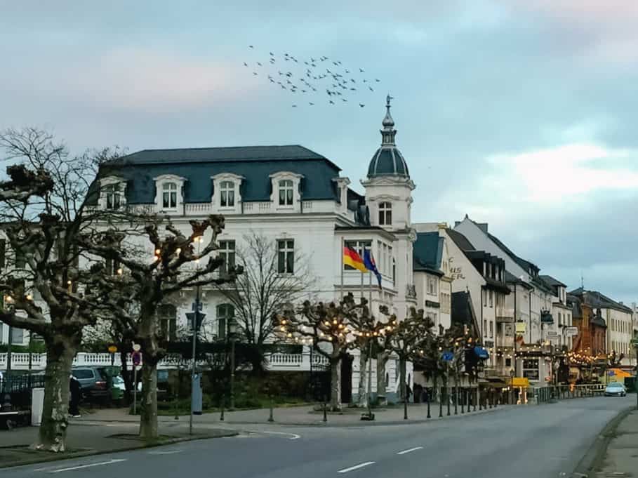 Rudesheim street with Christmas decorations setting up