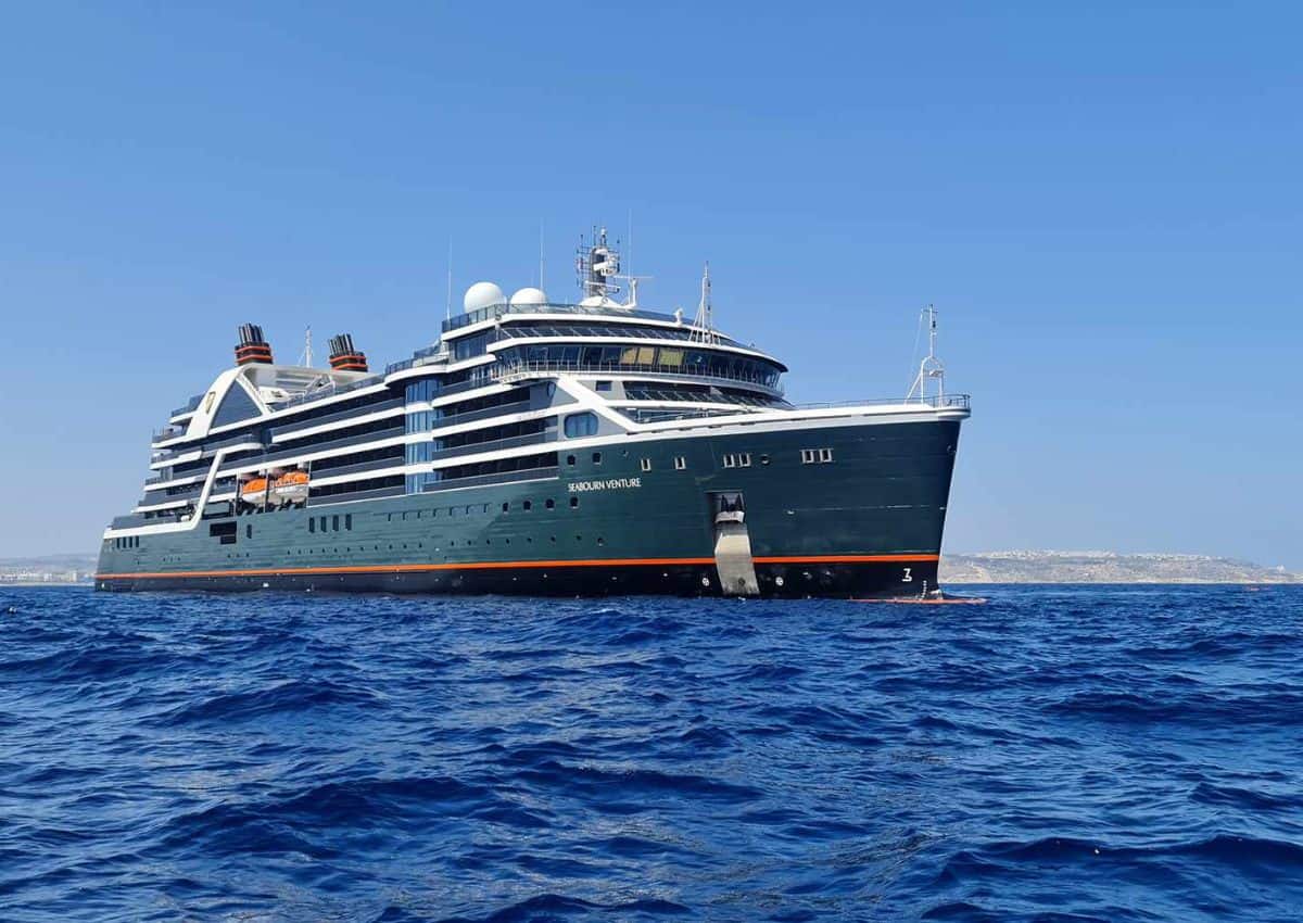 Seabourn Venture Expedition Ship Anchored In The Ocean.