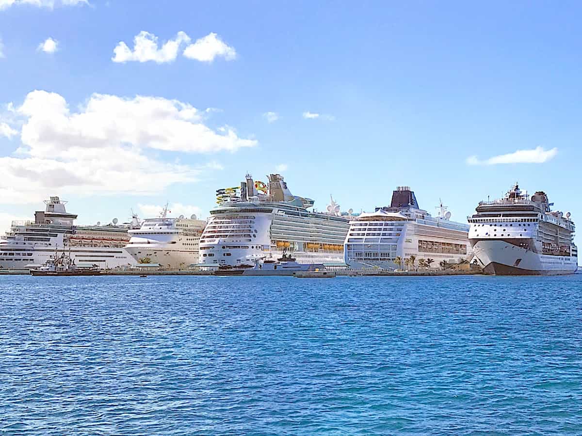 Cruise ships docked in Nassau, Bahamas harbor.