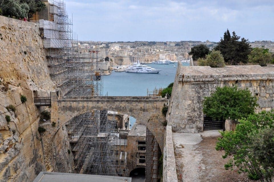 Scaffolding along the outside of some of the old walls under repair. 