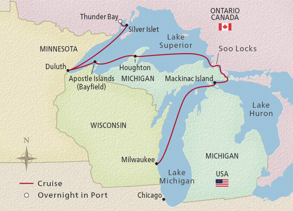 Viking expedition ships map of Great Lakes cruises