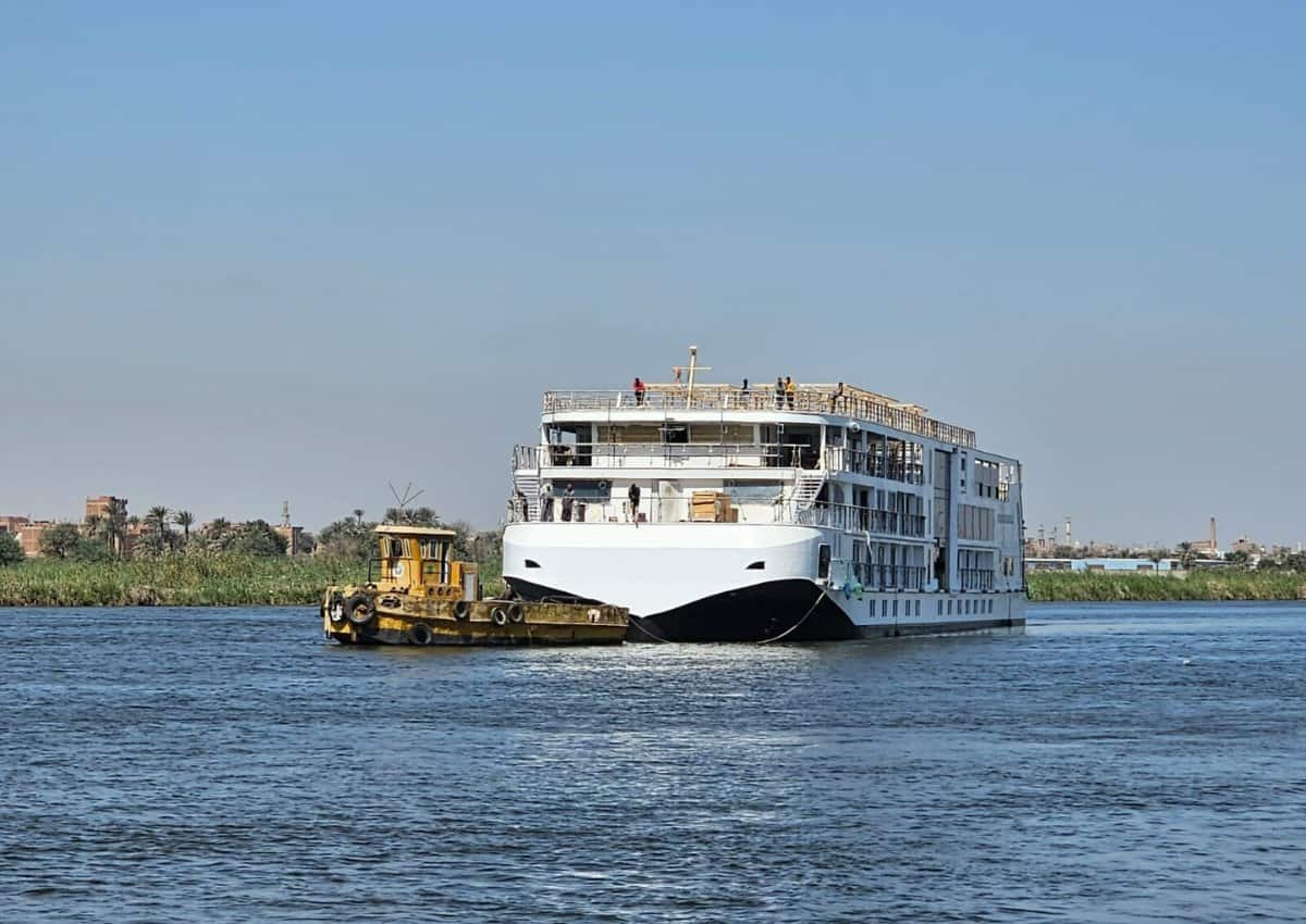 Viking Hathor River Cruise Ship Floating Down the River For The First Time.