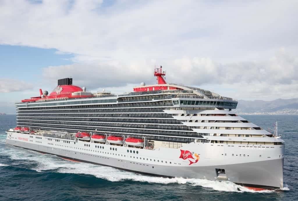 Virgin Voyages' Scarlet Lady cruise ship at sea.