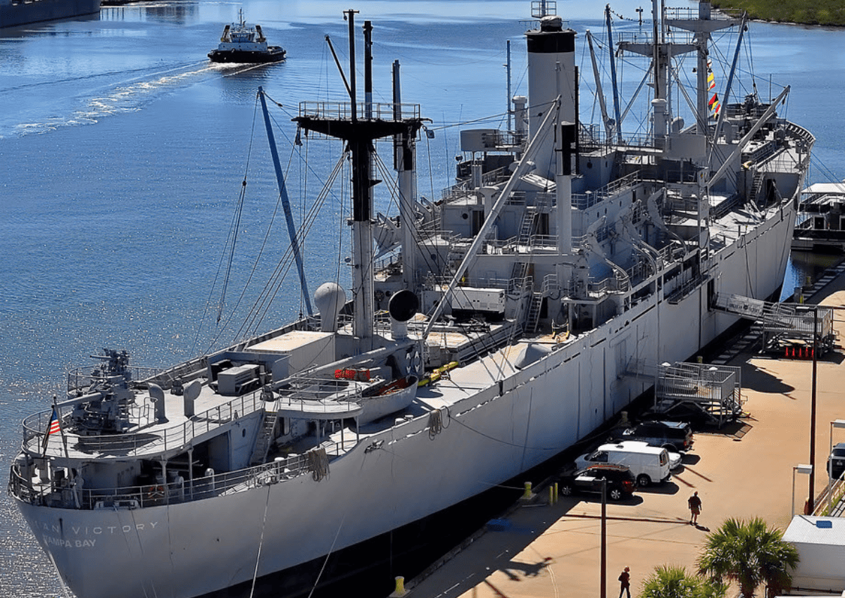 Aerial view of the SS American Victory a World War Three battle ship in Tampa port.