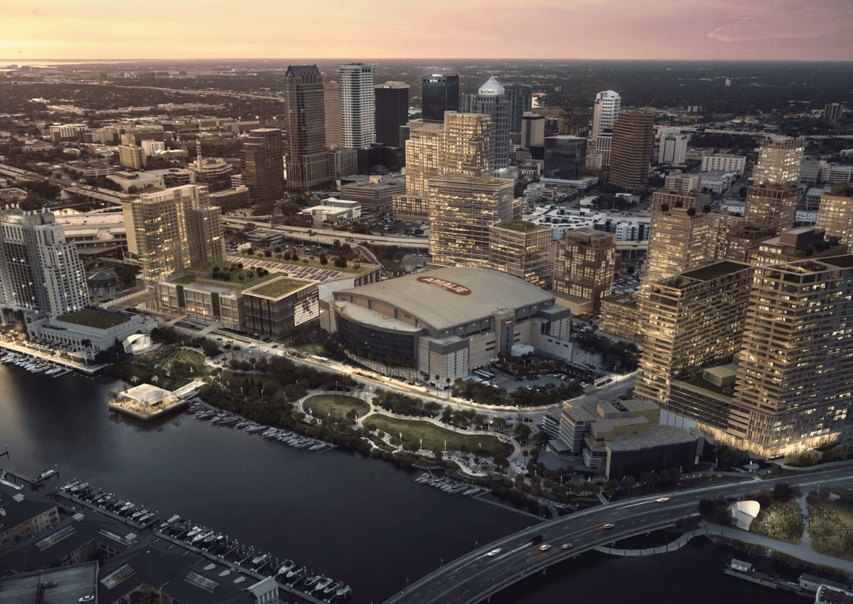 Aerial view of downtown Tampa at sunset