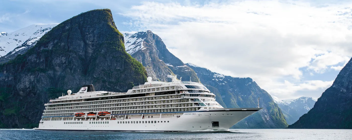 Viking Vela rendering with snow-capped mountains.